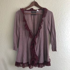 Guinevere striped open front cardigan red ruffle